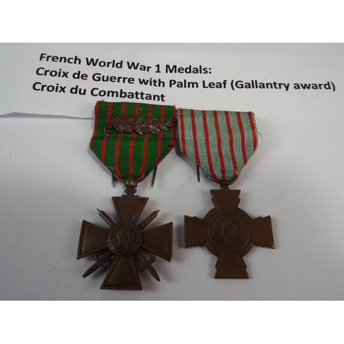 3 - Two French WW1 Medals, Croix de Guerre with palm leaf & Croix du Combattant