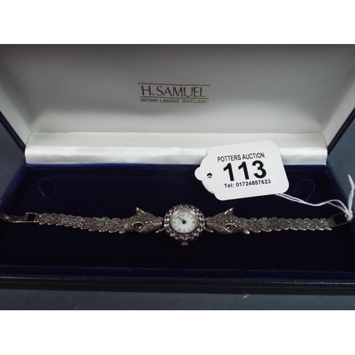 113 - Ladies Quartz watch with 925 Silver marcasite fox head decorated strap.