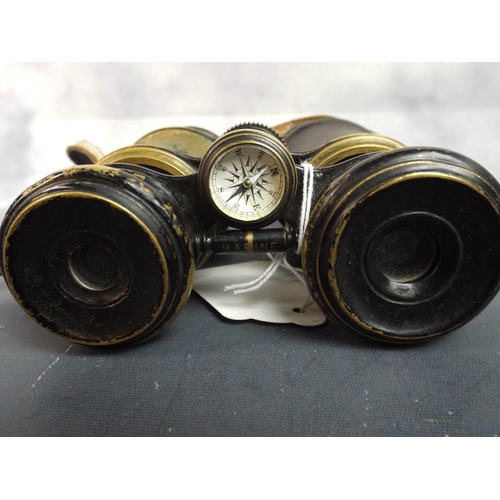 31 - Vintage pair of Marine Binoculars, leather strap & built in compass