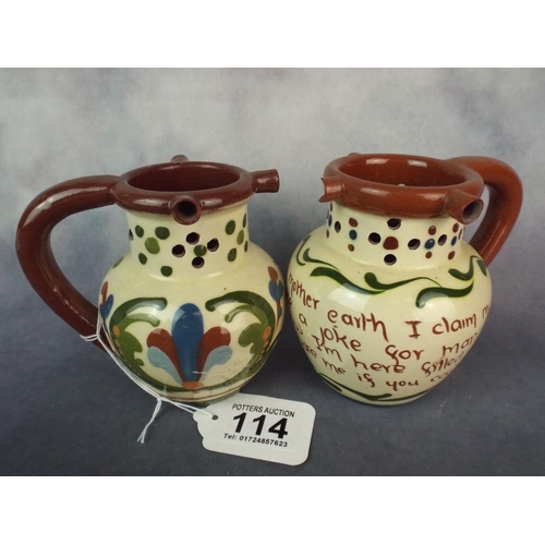 114 - Two Dartmouth Pottery Motto ware Puzzle jugs