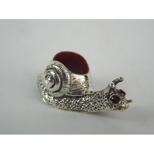 43 - 925 solid silver Pin cushion as a Snail, Ruby Set Eyes