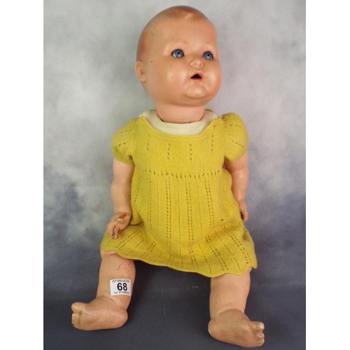 68 - 1950's Era Papier Mache Doll, German Made with closing eyes.