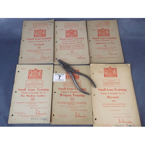 7 - Six WW2 British Army Small Arms Training Booklets plus Military issued circlip pliers