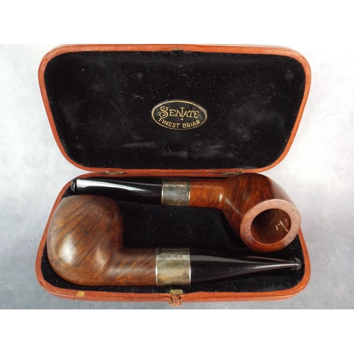 89 - Pair of 1930's 'Senate' Briar Pipes. Both have Silver collars Hallmarked for London 1933. Original M... 