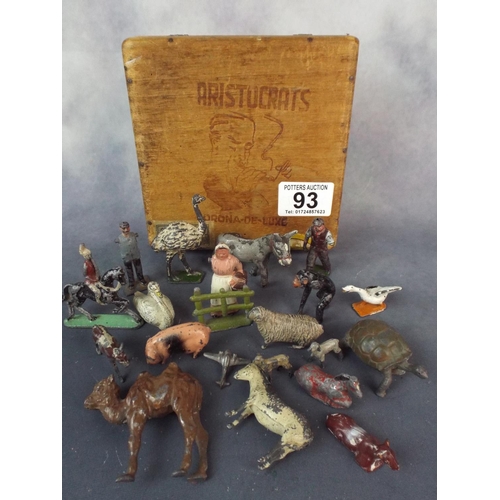 93 - Selection of Vintage lead toys housed in an old cigar box