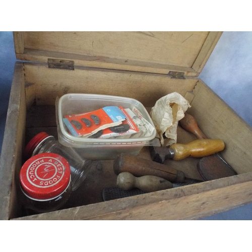 158 - Wooden cobblers box with contents