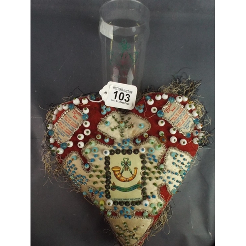 103 - WW1 Era Sweetheart Pillow plus Beer glass with matching emblem, ( Oxfordshire Light Infantry)