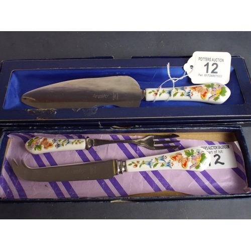 12 - Aynsley handled Cake Slice with Cheese & Pickle fork, all boxed.