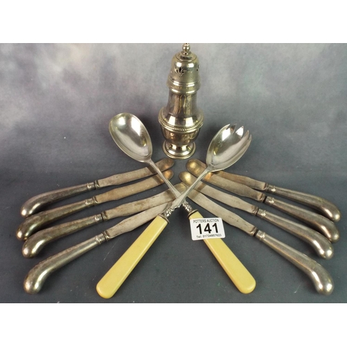 141 - Set of Eight Pistol Grip S/P Butterknives, Sheffiled Salad servers and sugar shaker.