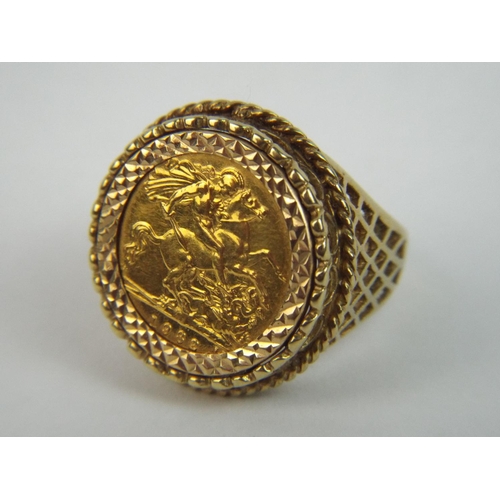 48 - 1982,  22 ct Gold Half Sovereign Ring in 6g,  9ct gold Mount . 10g overall. Finger Size 'R'