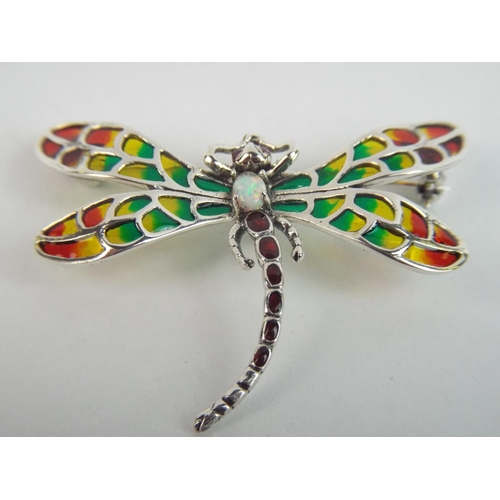 58 - 925 Silver Dragonfly Brooch set with Opal Body & Coloured Glass wings.