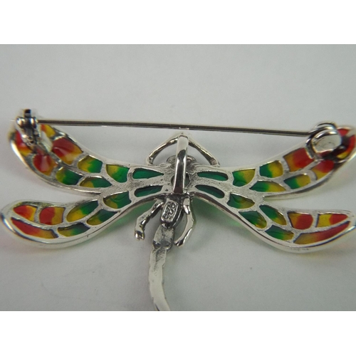 58 - 925 Silver Dragonfly Brooch set with Opal Body & Coloured Glass wings.