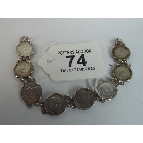 74 - Silver Bracelet set with pre 1930 Silver 3d Pieces.