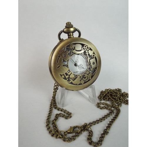 77 - Quartz Pocket Watch & Chain. Alice in Wonderland themed