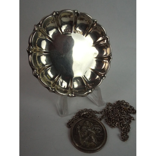 83 - Silver St Christopher on Silver Chain Plus a Small Silver Scolloped pin dish, Birmingham 1905