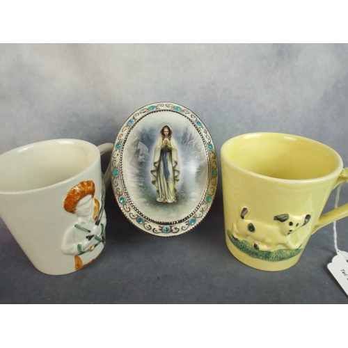 120 - Pair of Embossed Ceramic Beakers plus Catholic Musical Box.