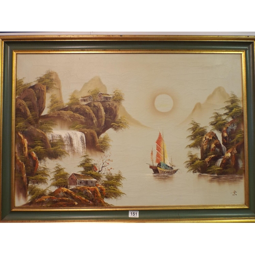 151 - Large Oil painting of a Chinese Junk etc.