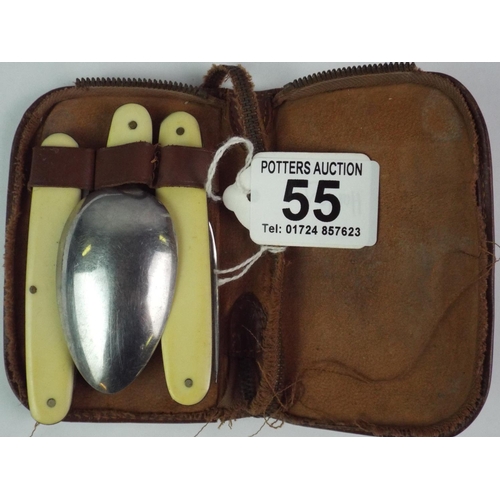 55 - WW2 German folding field cutlery set in original leather case.