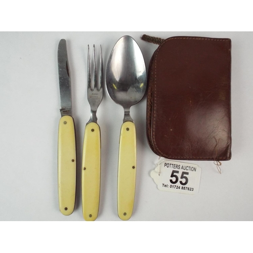 55 - WW2 German folding field cutlery set in original leather case.