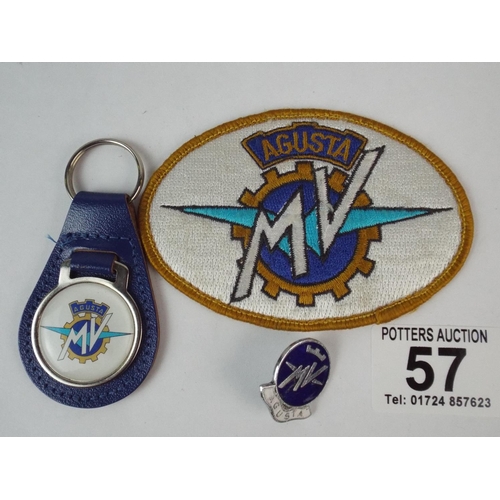 57 - MV Augusta leather key fob, metal and enamel badge plus sew on fabric patch.