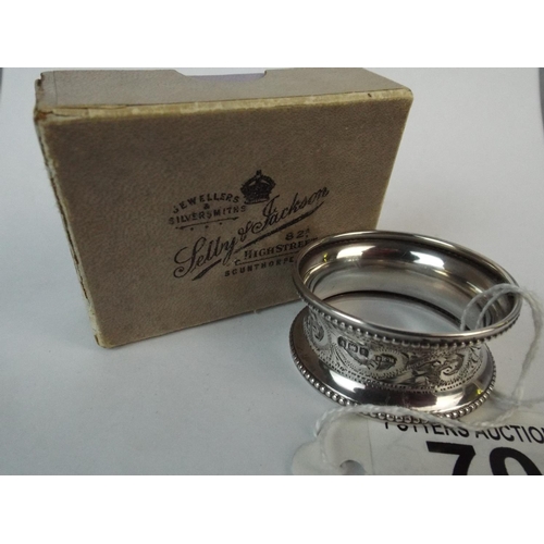 70 - Solid silver Serviette Ring, Birmingham 1945 along with old Scunthorpe Jewellers box of same era