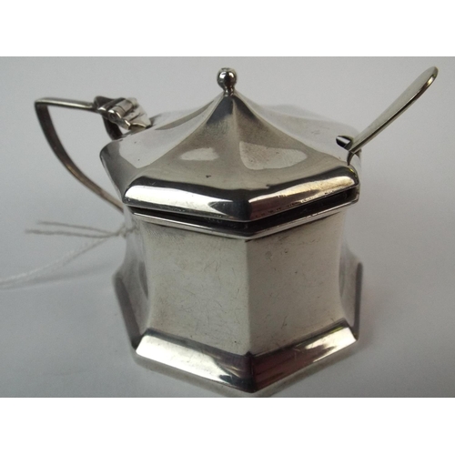 79 - Hallmarked silver Lidded mustard pot with spoon & original blue glass liner