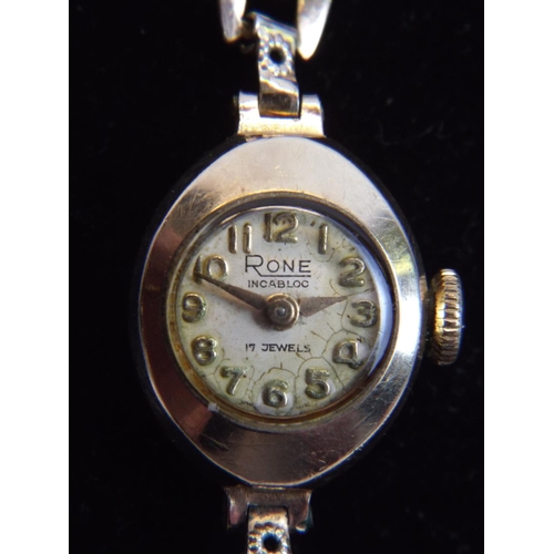 128 - Rone, Incabloc, Ladies 17 jewel swiss watch with 9ct gold case.Rolled gold strap. Rolled gold Strap