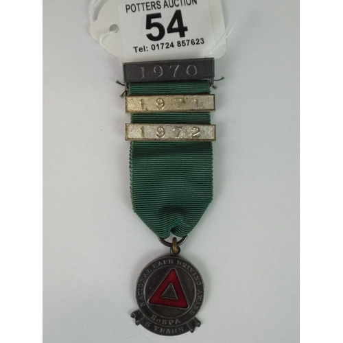 54 - 1970's ROSPA safe driving medal with bars.