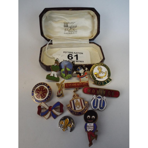 61 - Selection of Vintage metal and enamel badges plus jewellery display box.