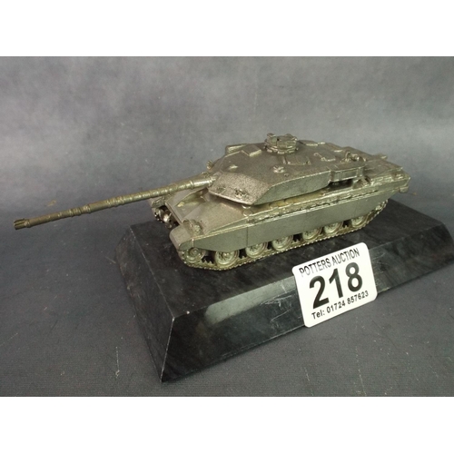 218 - Metal model of a Challenger tank on a Granite base.