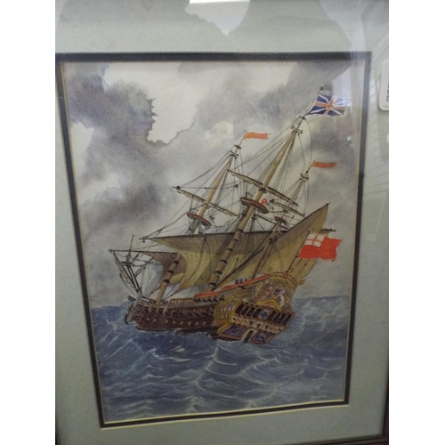 355 - Two Framed and mounted watercolours of old Galleon ships, whitby.