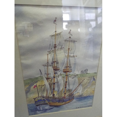 355 - Two Framed and mounted watercolours of old Galleon ships, whitby.