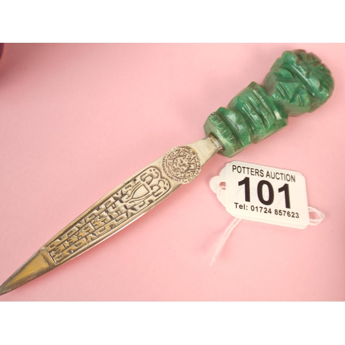 101 - Letter opener. 925 Sterling silver blade with carved jadeite handle.