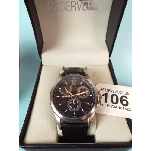 106 - Reserver,  Automatic watch. As new with leather strap and box.