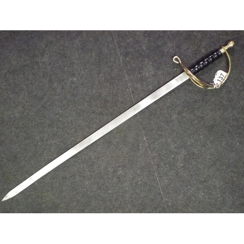 137 - Decorative wall sword with brass basket hand guard.