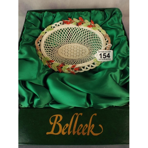 154 - Belleek fine porcelain strawberry basket with original silk lined box.