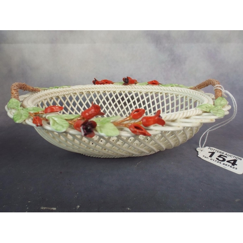 154 - Belleek fine porcelain strawberry basket with original silk lined box.