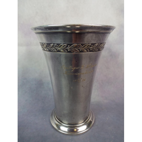 18 - WMF Silver plated beaker with German inscription dated 1916 with lemon gilding to inside.