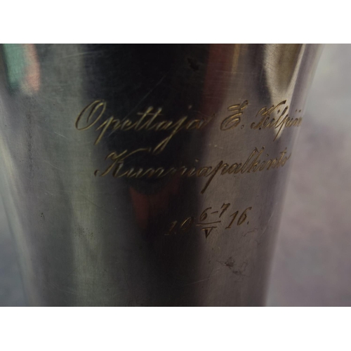 18 - WMF Silver plated beaker with German inscription dated 1916 with lemon gilding to inside.