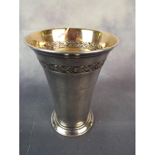 18 - WMF Silver plated beaker with German inscription dated 1916 with lemon gilding to inside.