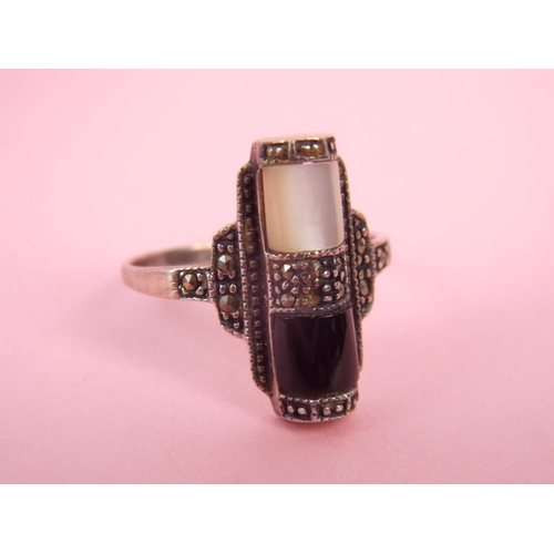 45 - 925 Silver marcasite two stone set art deco ring.