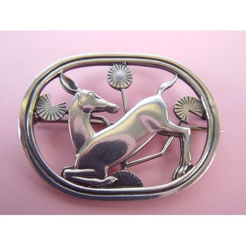 52 - 925 Silver Georg Jensen Kneeling deer brooch.