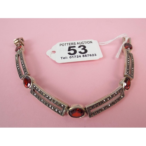 53 - 925 silver marcasite garnet set bracelet.