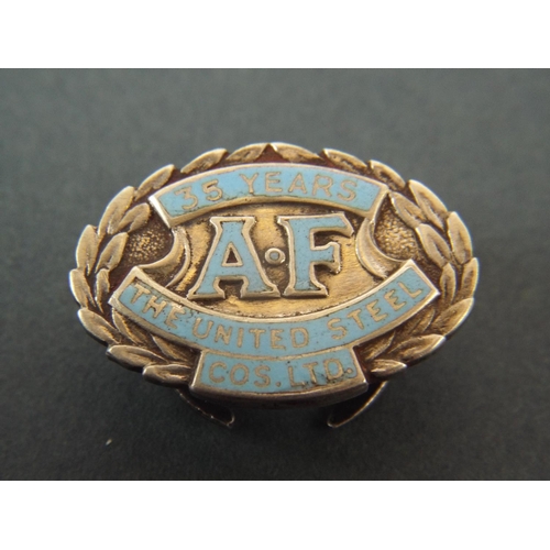 73 - 925 Silver 35 years long service lapel badge from App Frod Steel Co. Birmingham 1934