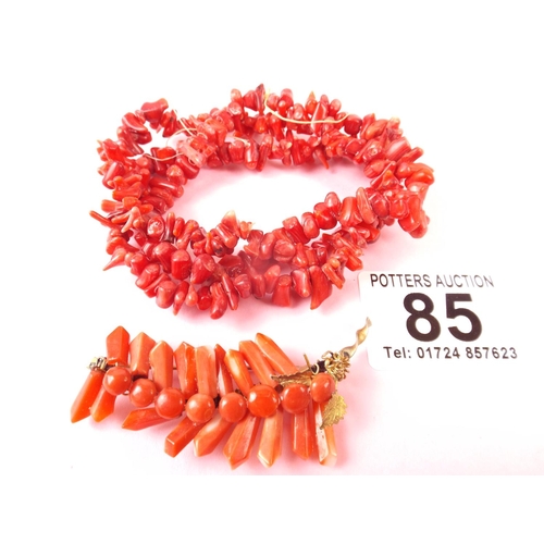 85 - Three strand coral type bracelet plus similar brooch