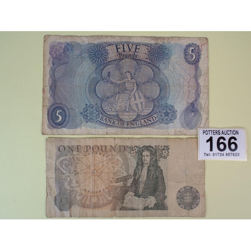 166 - English £5 note plus one pound note.