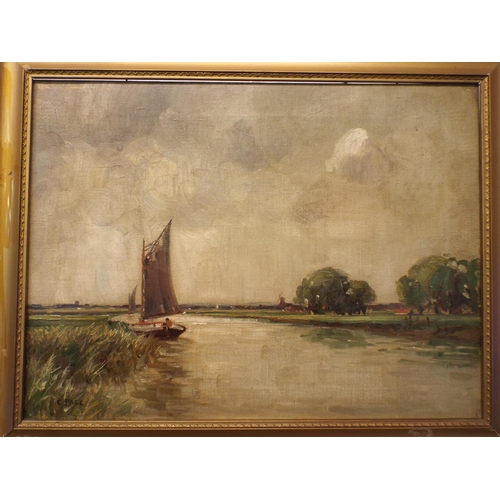 206 - Three Edwardian era oil paintings of Norfolk Broadlands by C Page.