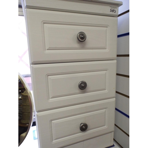 383 - Three,  three door white bedside cabinets  27 inches tall X 15 inches wide. Excellent condition