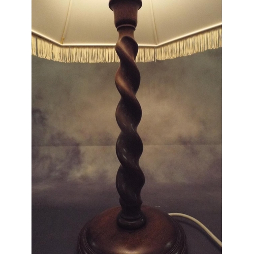 405 - Vintage Barley twist Oak Table lamp with shade in working order.