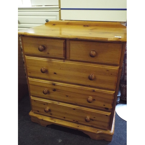 412 - Pine three drawer chest with two above.   35 X 32 X 20 Inches.